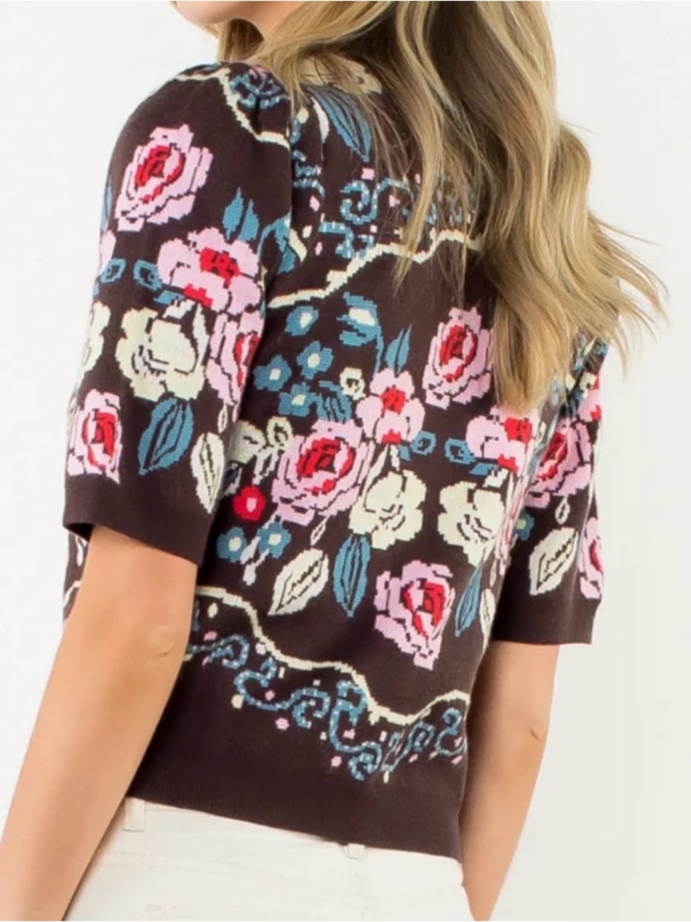 THML Brown Floral Jacquard Rose Short Sleeve Sweater Whimsical Preppy Top Size S - Picture 2 of 9